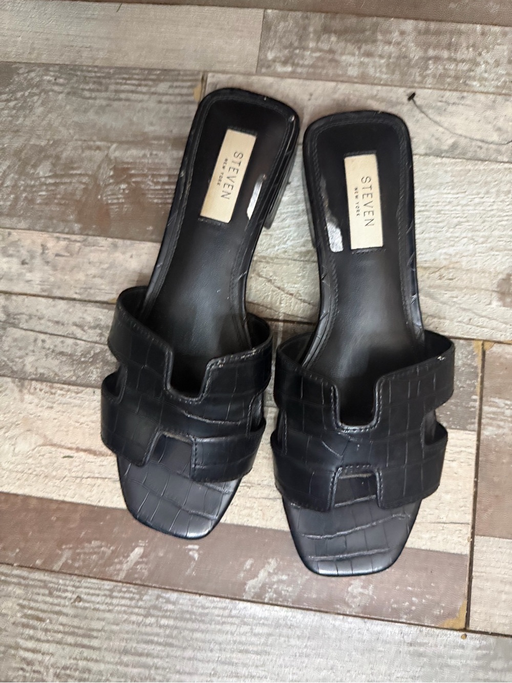 Steven By Steve Madden Black Croc-Embossed Slide Mules